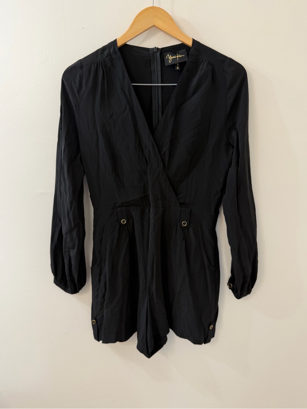 Yumi Kim Black 100% Silk Wrap Romper Size Small Long Sleeve Dressy Shorts
